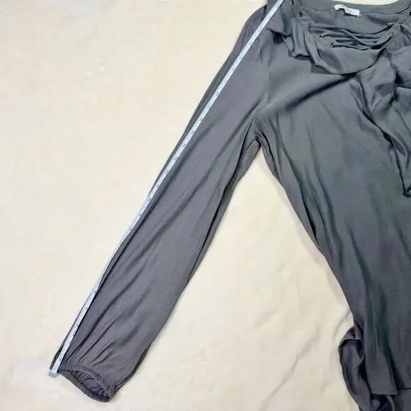 Pleione Ruffled Tied Tunic Blouse Gray Women’s Small Regency Shirttail Hem - Picture 7 of 16